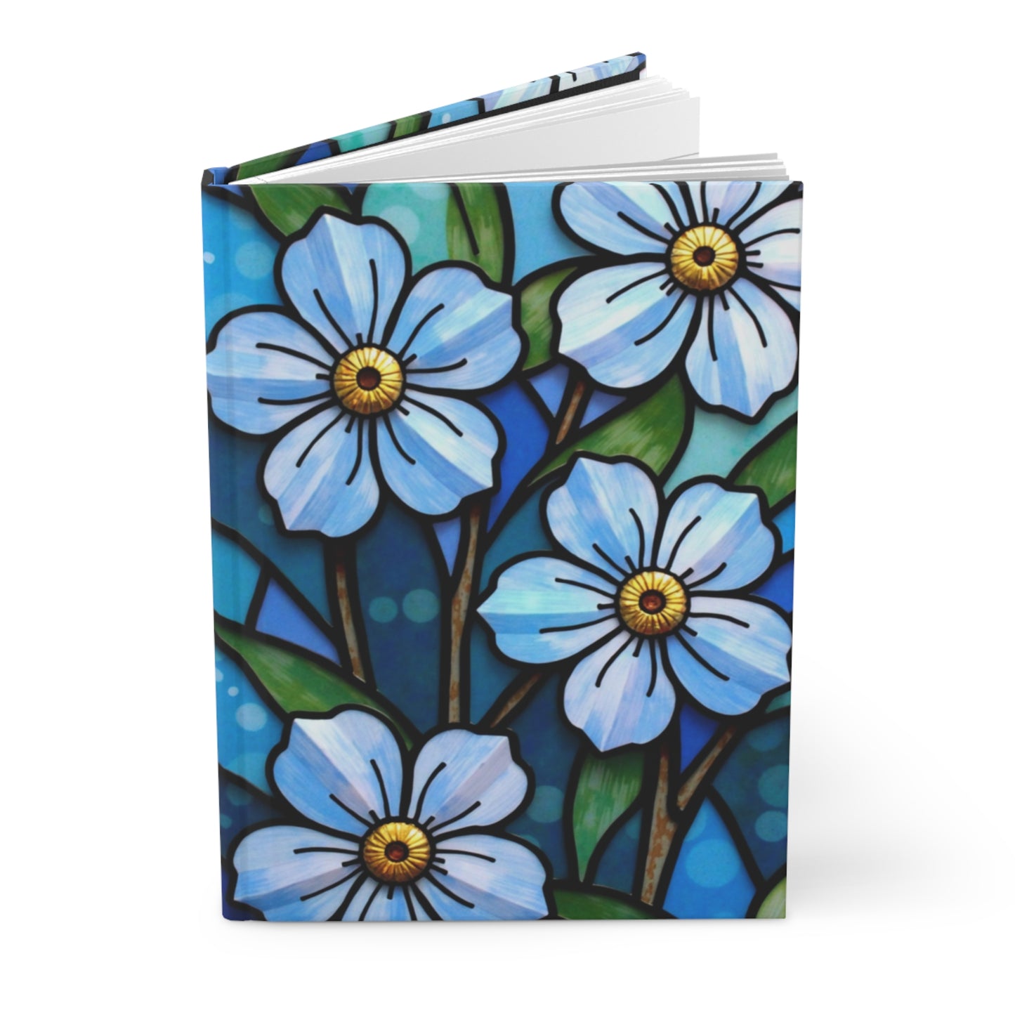 Forget Me Not Stained Glass Journal, Blue Floral Hardcover Writing Notebook, Artistic Gift for Flower Lovers, Creative Hardcover Diary