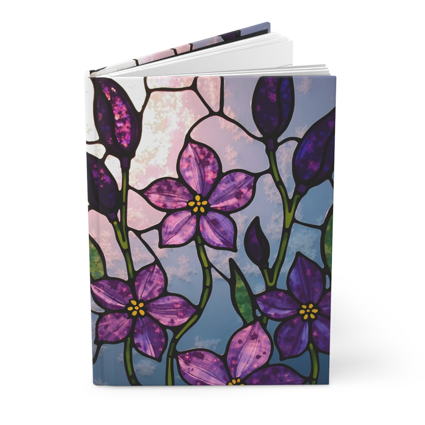 Floral Stained Glass Journal, Purple Blossom Writing Notebook, Artistic Gift for Flower Lovers, Creative Hardcover Diary