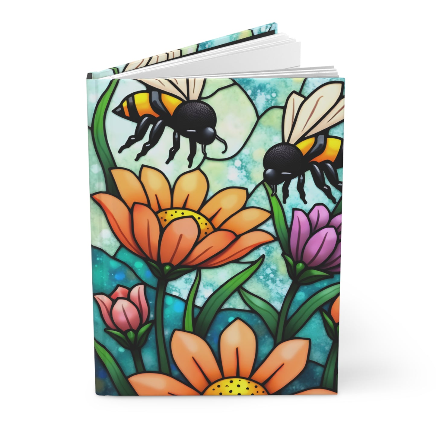 Bees and Flowers Stained Glass Journal, Hardcover Writing Notebook, Artistic Gift for Flower Lovers, Creative Hardcover Diary