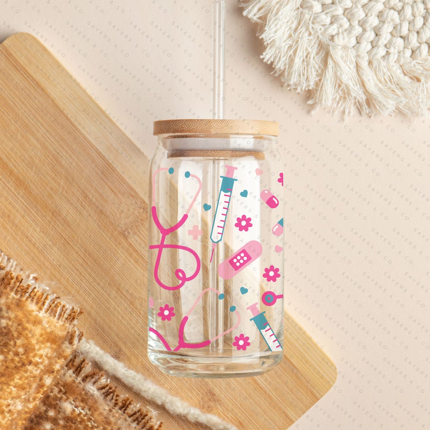16oz Nifty Nurse Glass Cup with Bamboo Lid & Straw