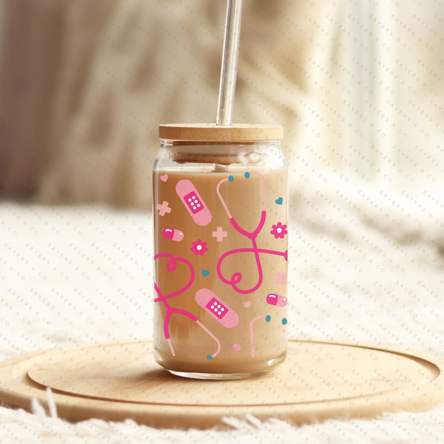 16oz Nifty Nurse Glass Cup with Bamboo Lid & Straw