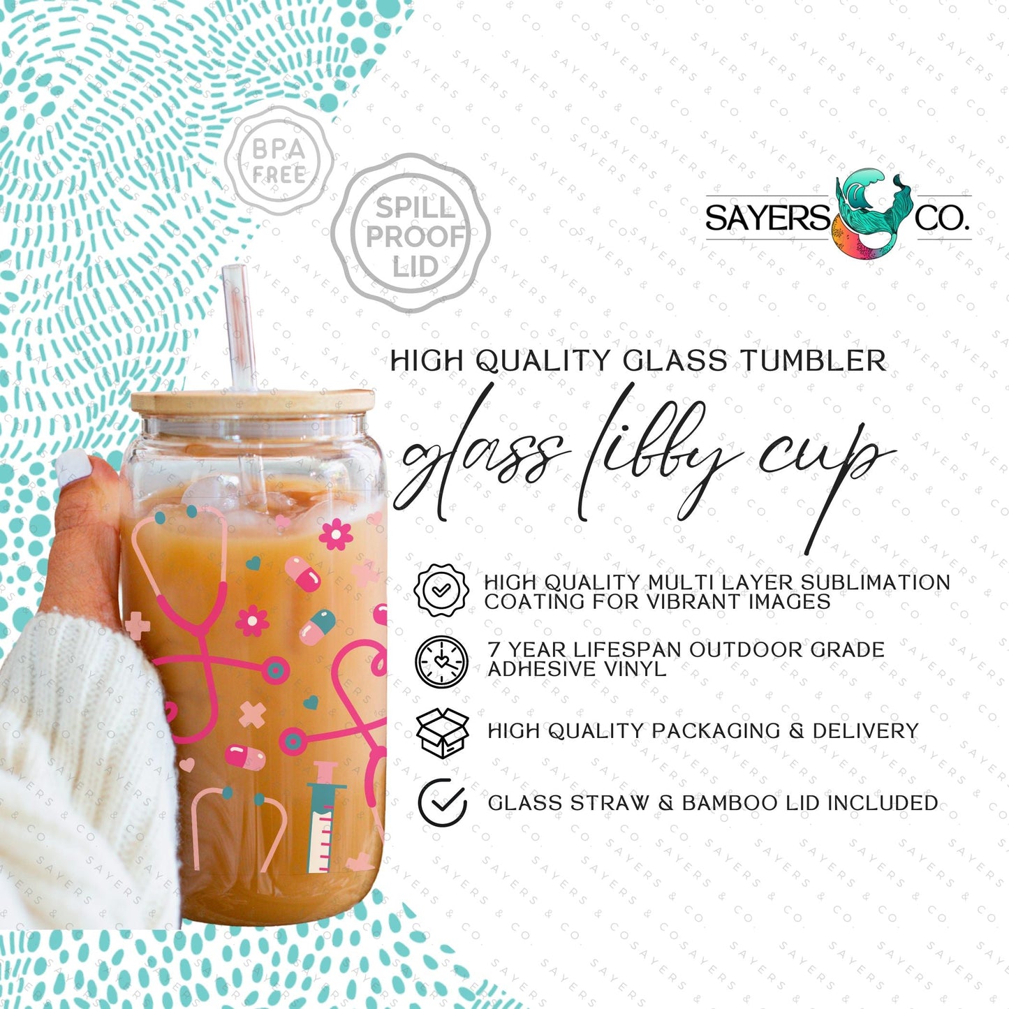 16oz Nifty Nurse Glass Cup with Bamboo Lid & Straw