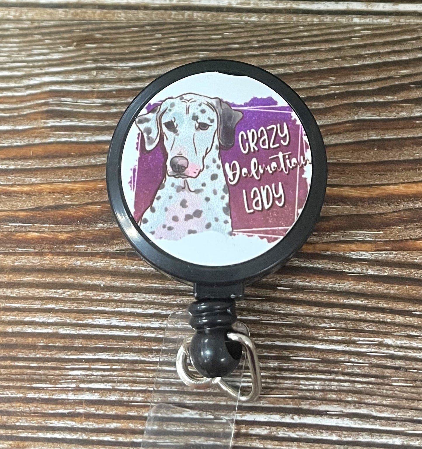 Crazy Dalmatian Lady, Retractable Badge Reel, , Boho Fun, Sublimation