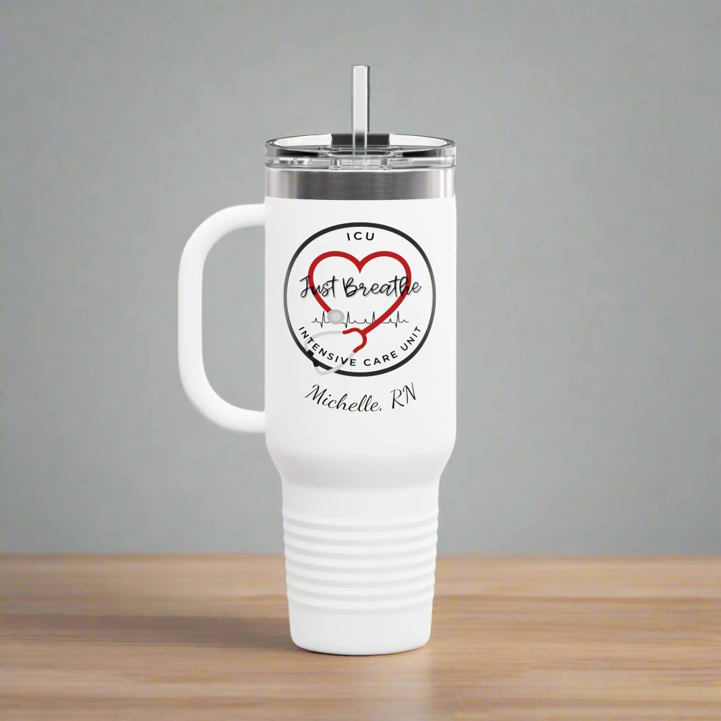 Personalized Insulated Travel Mug - ICU Nurse Heartbeat RN Coffee Lover Gift
