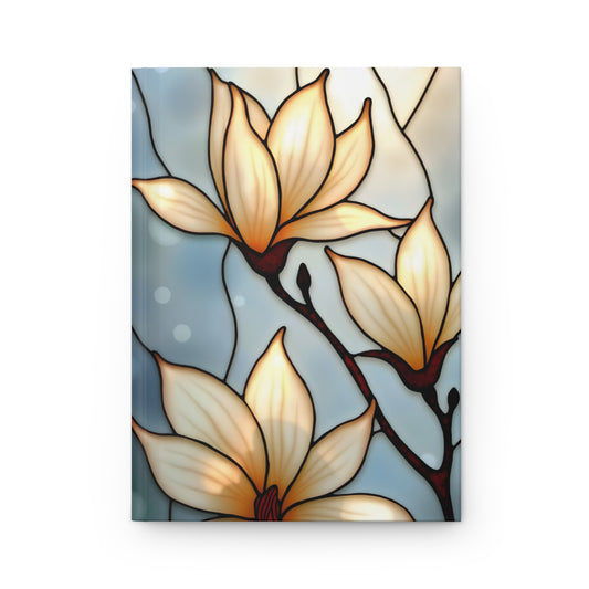 Magnolias Stained Glass Journal, White Flowers Writing Hardback Notebook, Artistic Gift for Flower Lovers, Creative Hardcover Diary