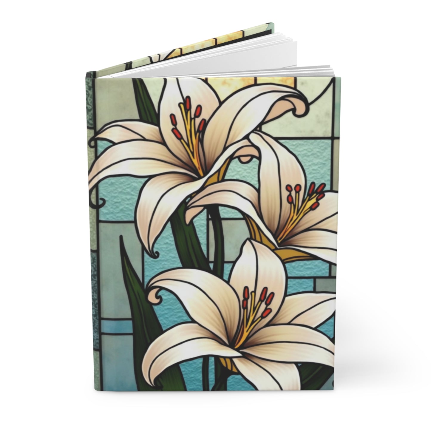 White Lilies Stained Glass Journal, White Flowers Writing Hardback Notebook, Artistic Gift for Flower Lovers, Creative Hardcover Diary