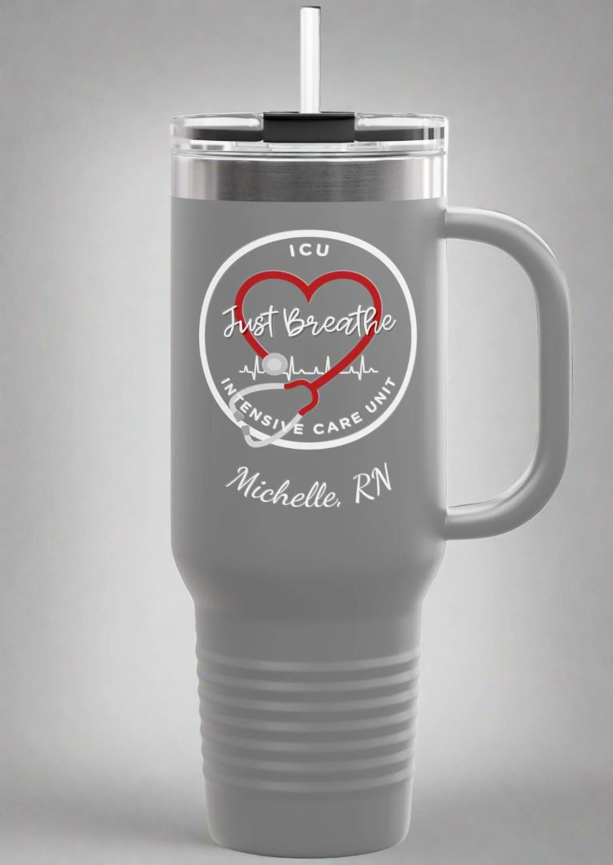 Personalized Insulated Travel Mug - ICU Nurse Heartbeat RN Coffee Lover Gift