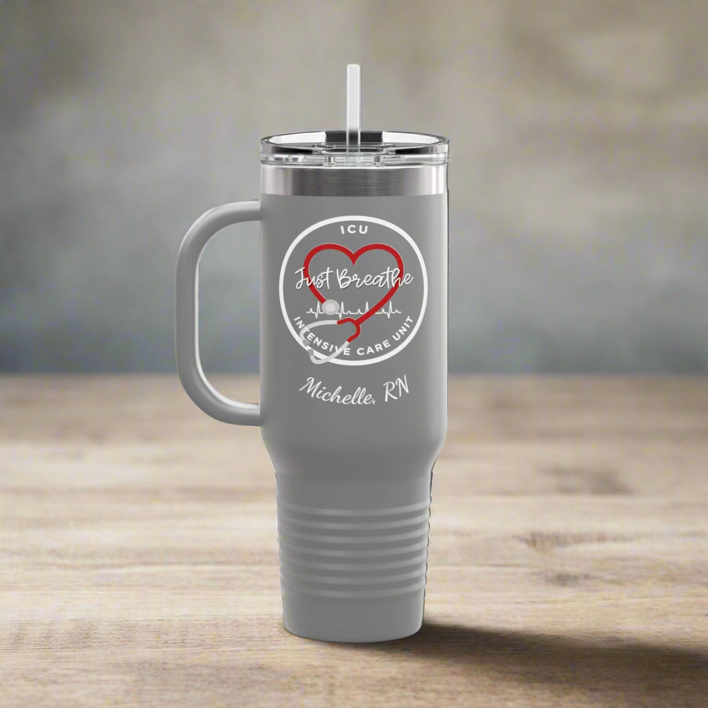 Personalized Insulated Travel Mug - ICU Nurse Heartbeat RN Coffee Lover Gift