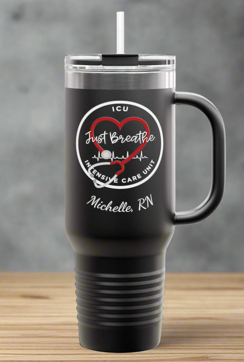 Personalized Insulated Travel Mug - ICU Nurse Heartbeat RN Coffee Lover Gift