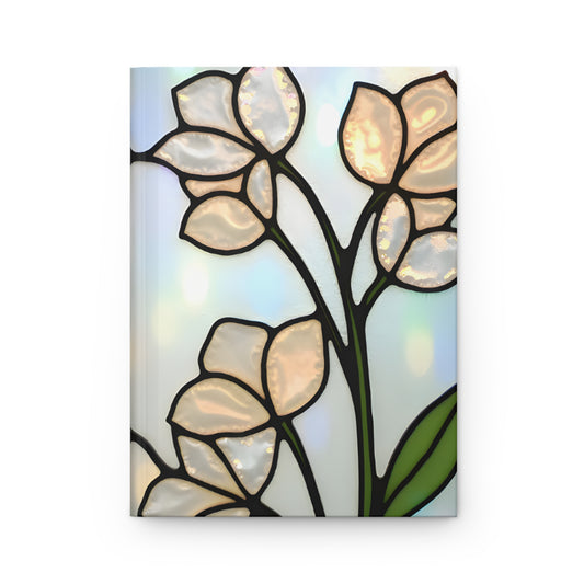 Floral Stained Glass Journal, White Flowers Writing Hardback Notebook, Artistic Gift for Flower Lovers, Creative Hardcover Diary