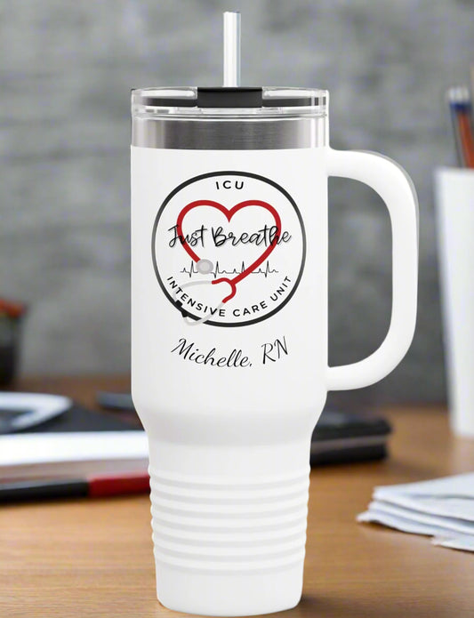 Personalized Insulated Travel Mug - ICU Nurse Heartbeat RN Coffee Lover Gift