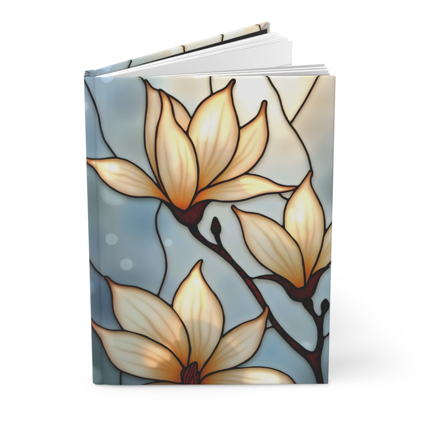 Magnolias Stained Glass Journal, White Flowers Writing Hardback Notebook, Artistic Gift for Flower Lovers, Creative Hardcover Diary