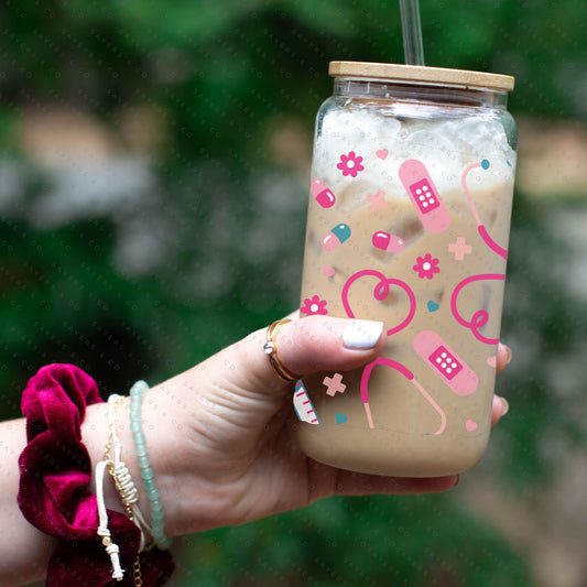 16oz Nifty Nurse Glass Cup with Bamboo Lid & Straw