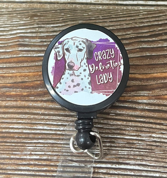 Crazy Dalmatian Lady, Retractable Badge Reel, , Boho Fun, Sublimation