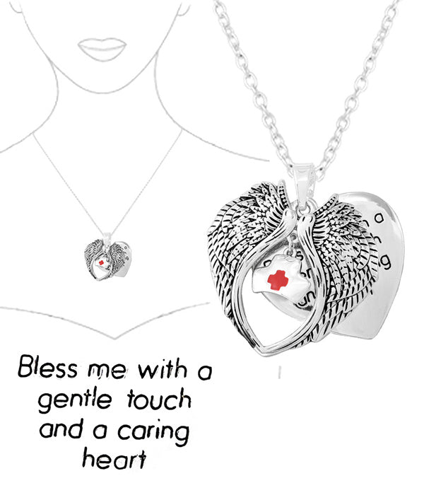 NURSE THEME ANGEL WING PENDANT NECKLACE - BLESS ME WITH A GENTLE TOUCH